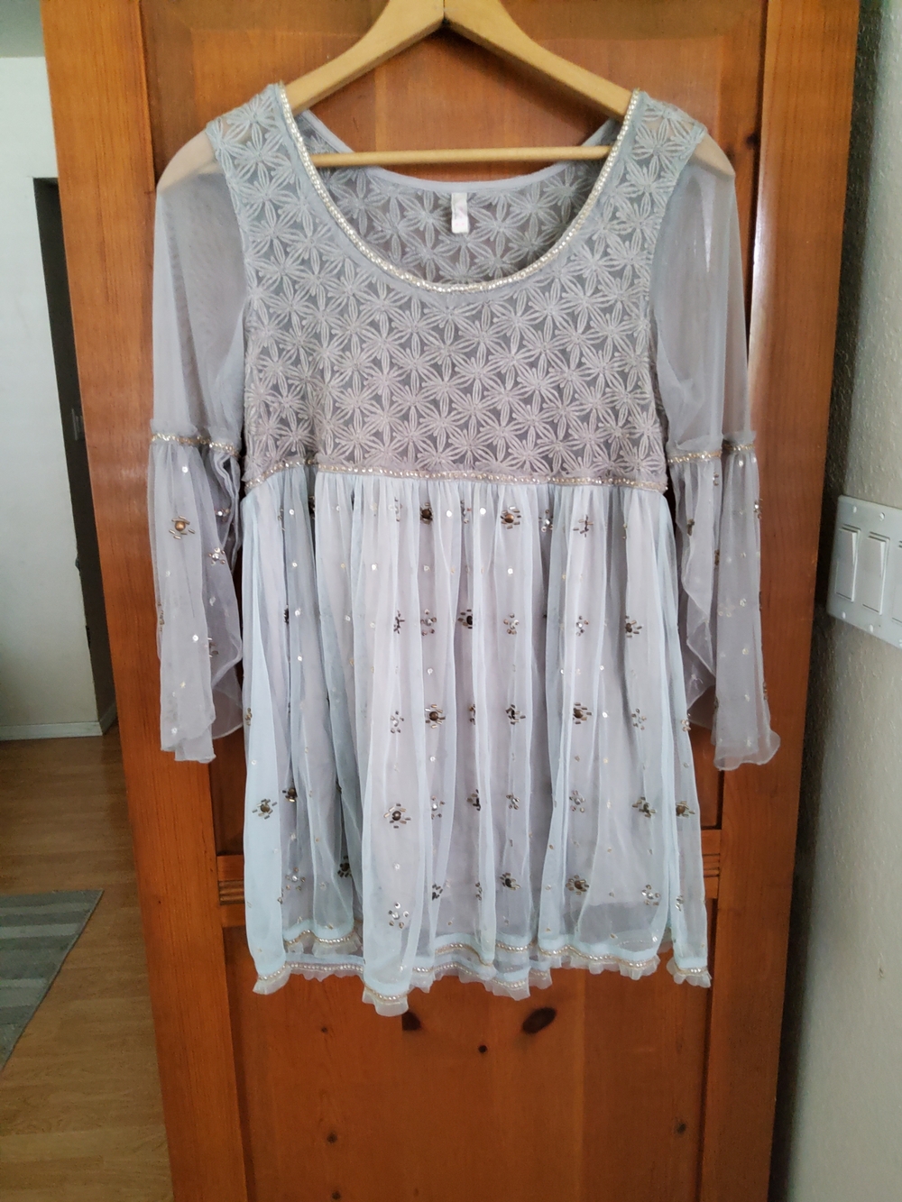 Free People Light Gray Embellished Sheer Babydoll Tunic